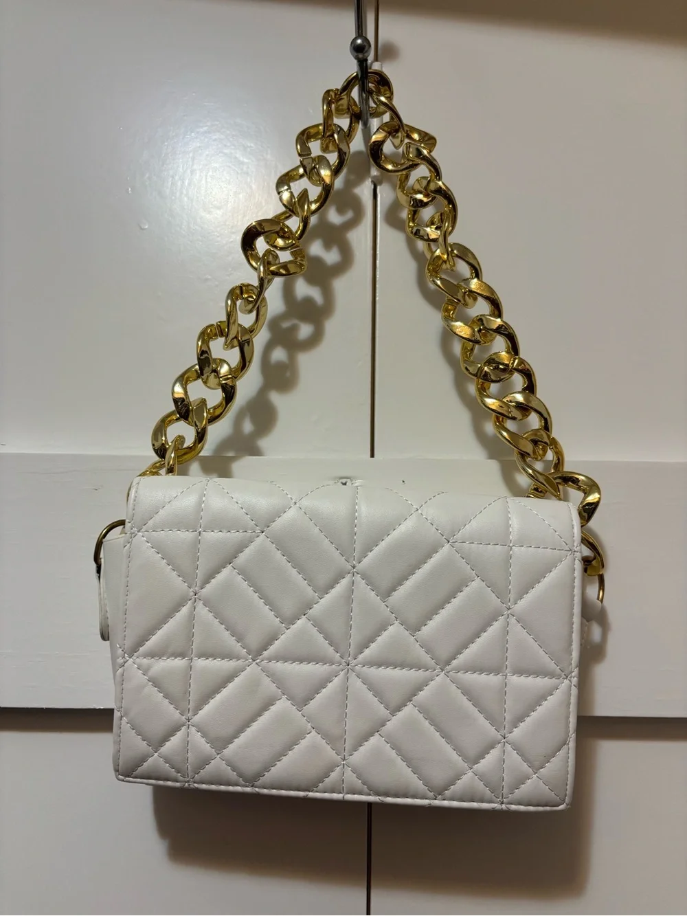 White Quilted Shoulder Bag with Gold Chain Strap